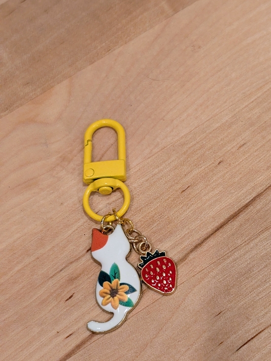 Handmade Accessories - Yellow Keychain with Cat and Strawberry Charms